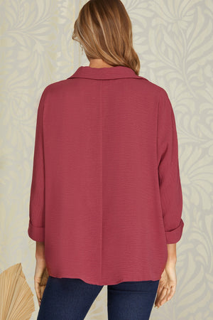 3/4 Sleeve Collared Woven Top
