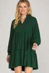 Notch Ruffle Neck LS Tier Dress