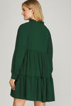 Notch Ruffle Neck LS Tier Dress