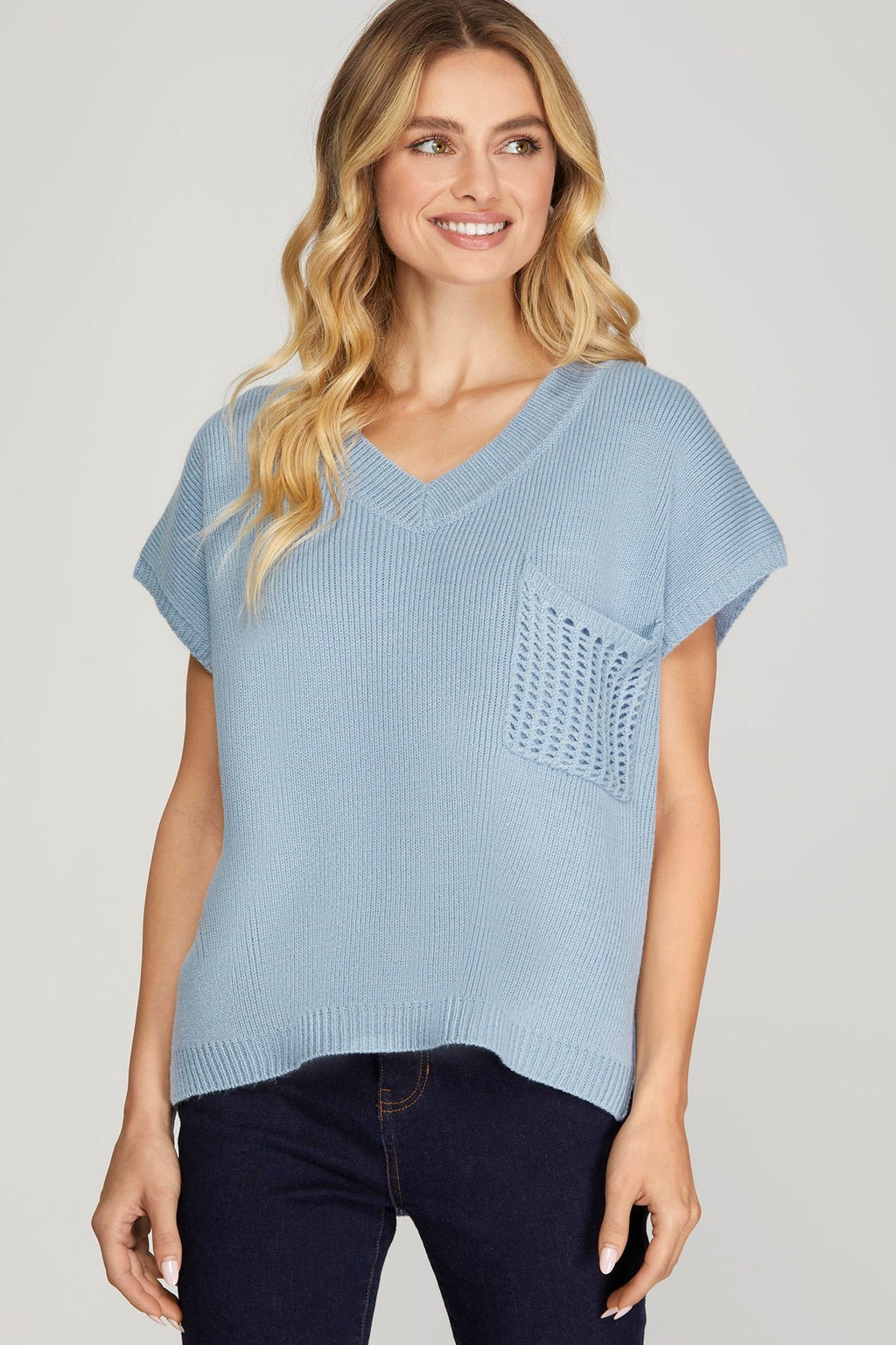 VNeck SS Pocket Sweater Top