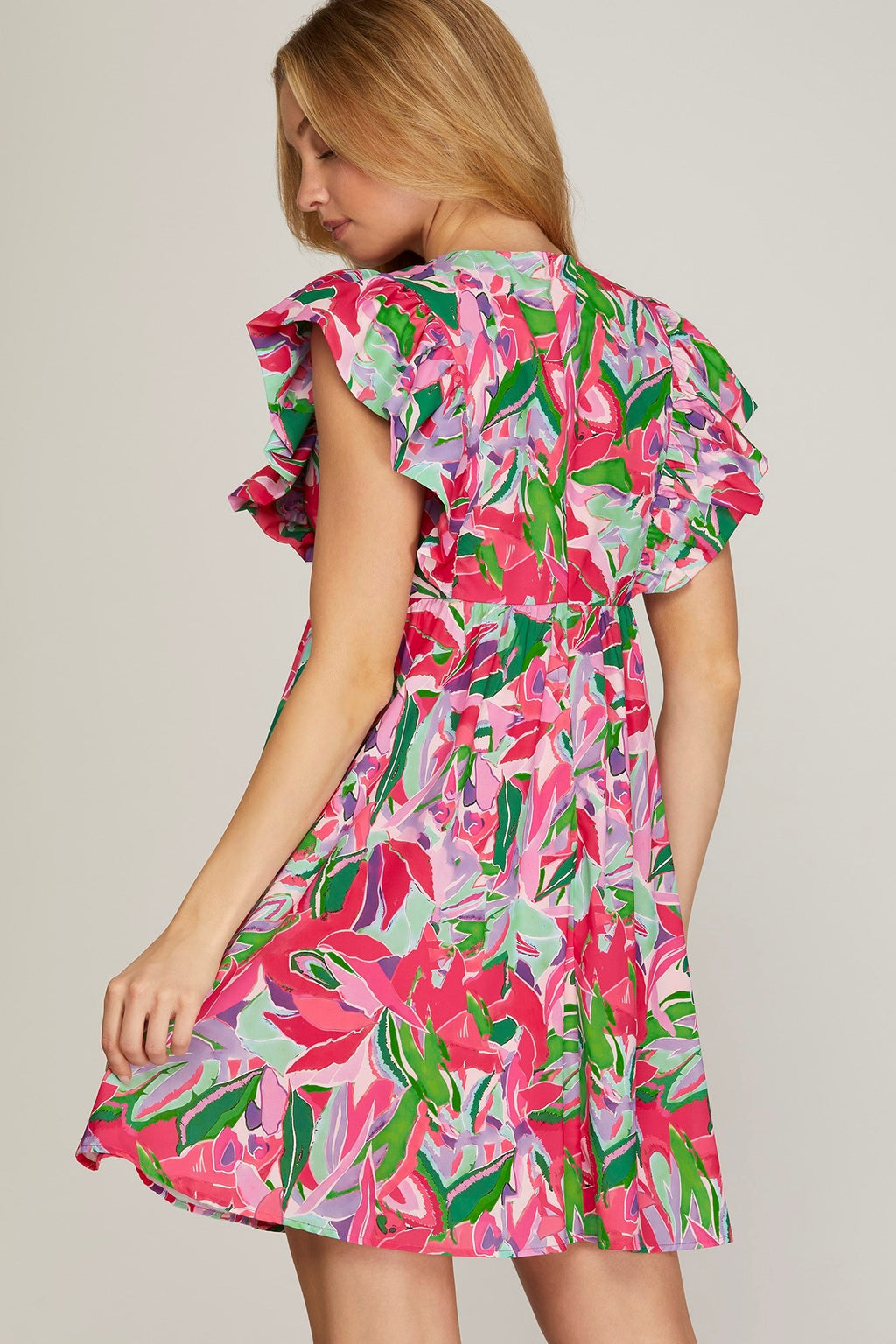 Ruffle Shoulder Woven Print Dress