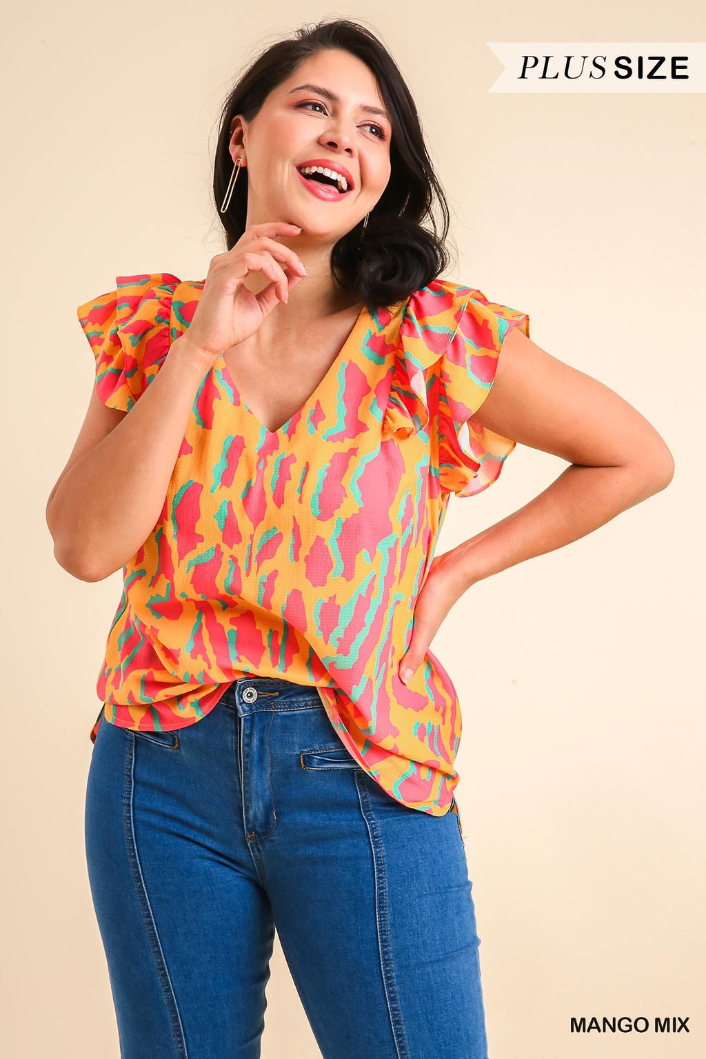 Plus Double Ruffle Abstract Print Top