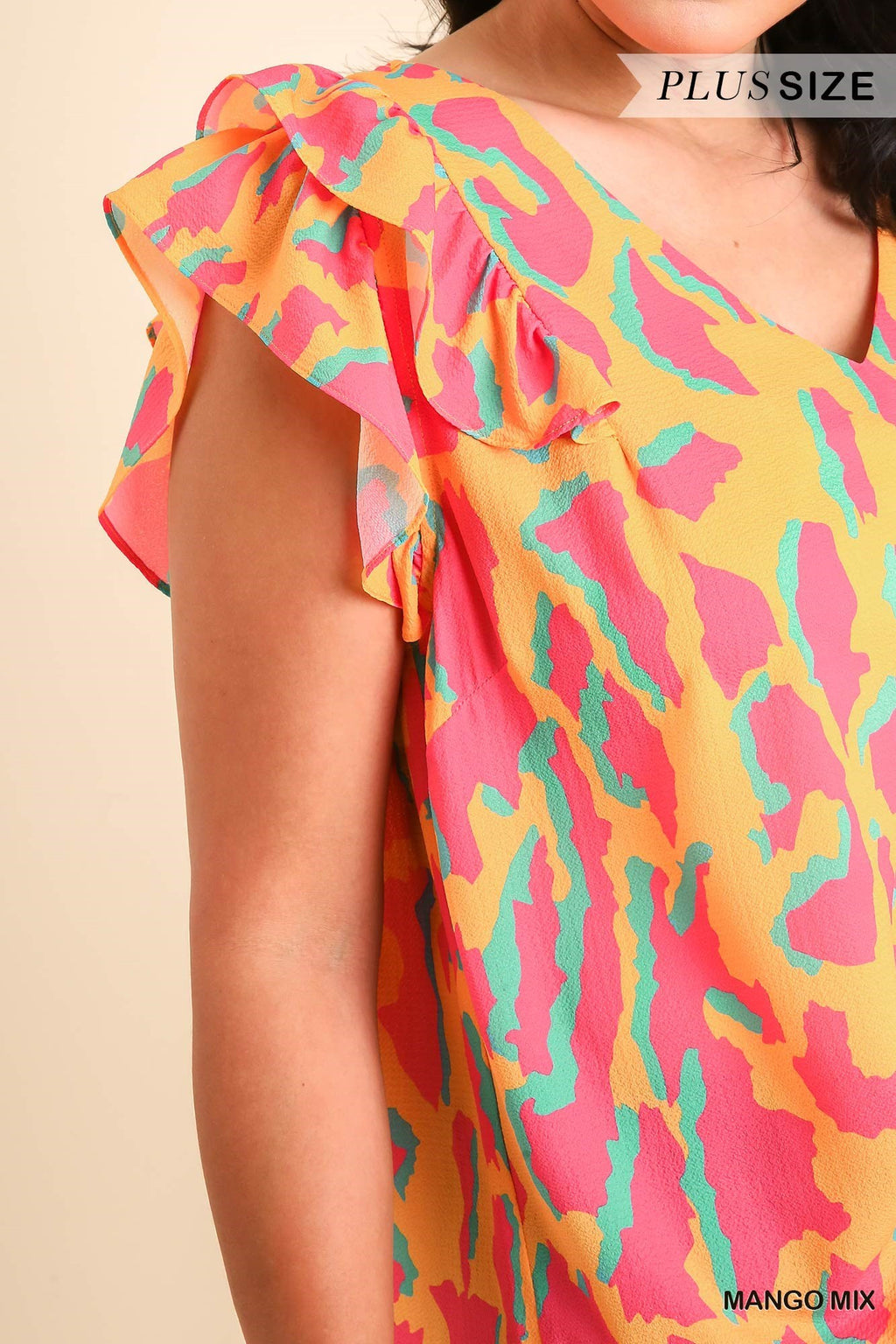 Plus Double Ruffle Abstract Print Top