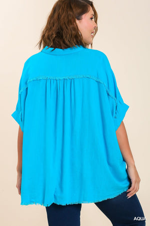 Plus Linen Fray Dolman Button Top