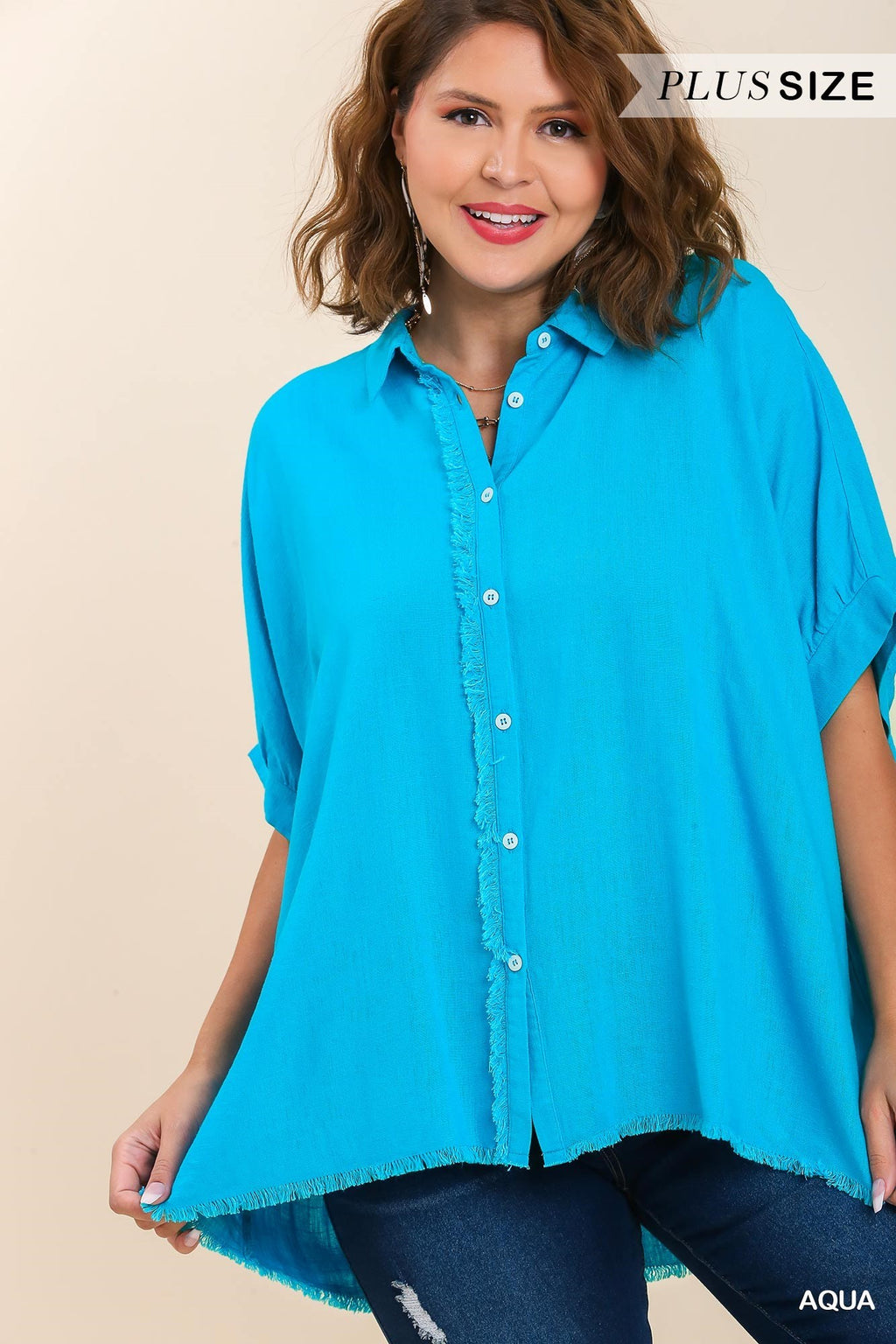 Plus Linen Fray Dolman Button Top