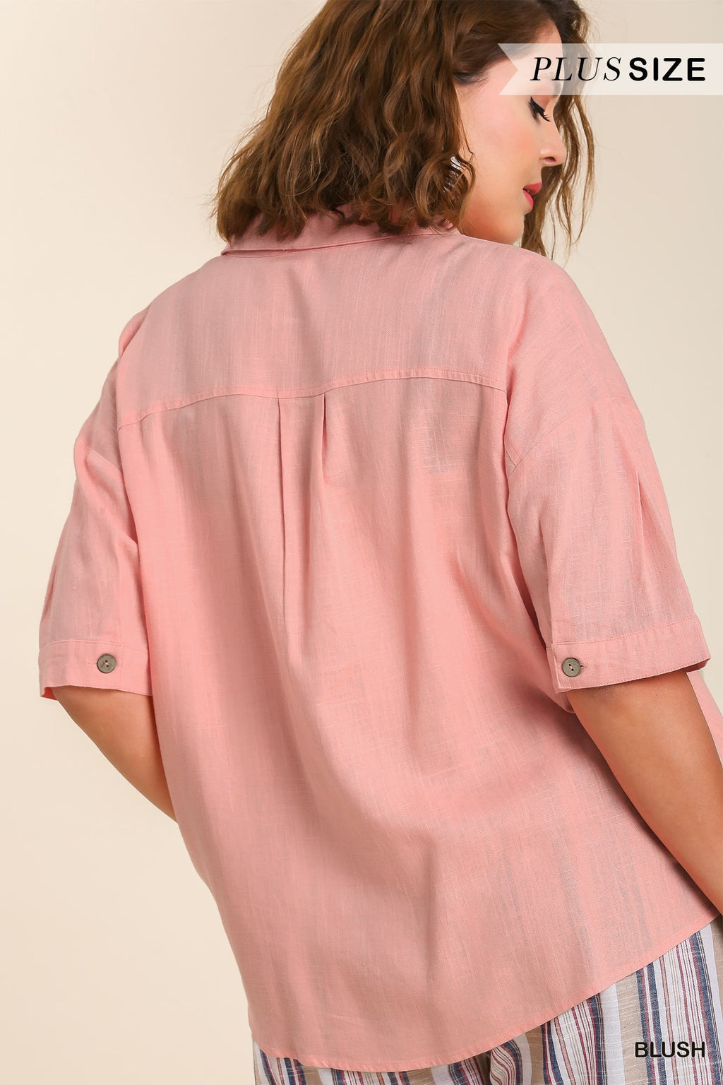 Plus Fray Detail Linen Button Top