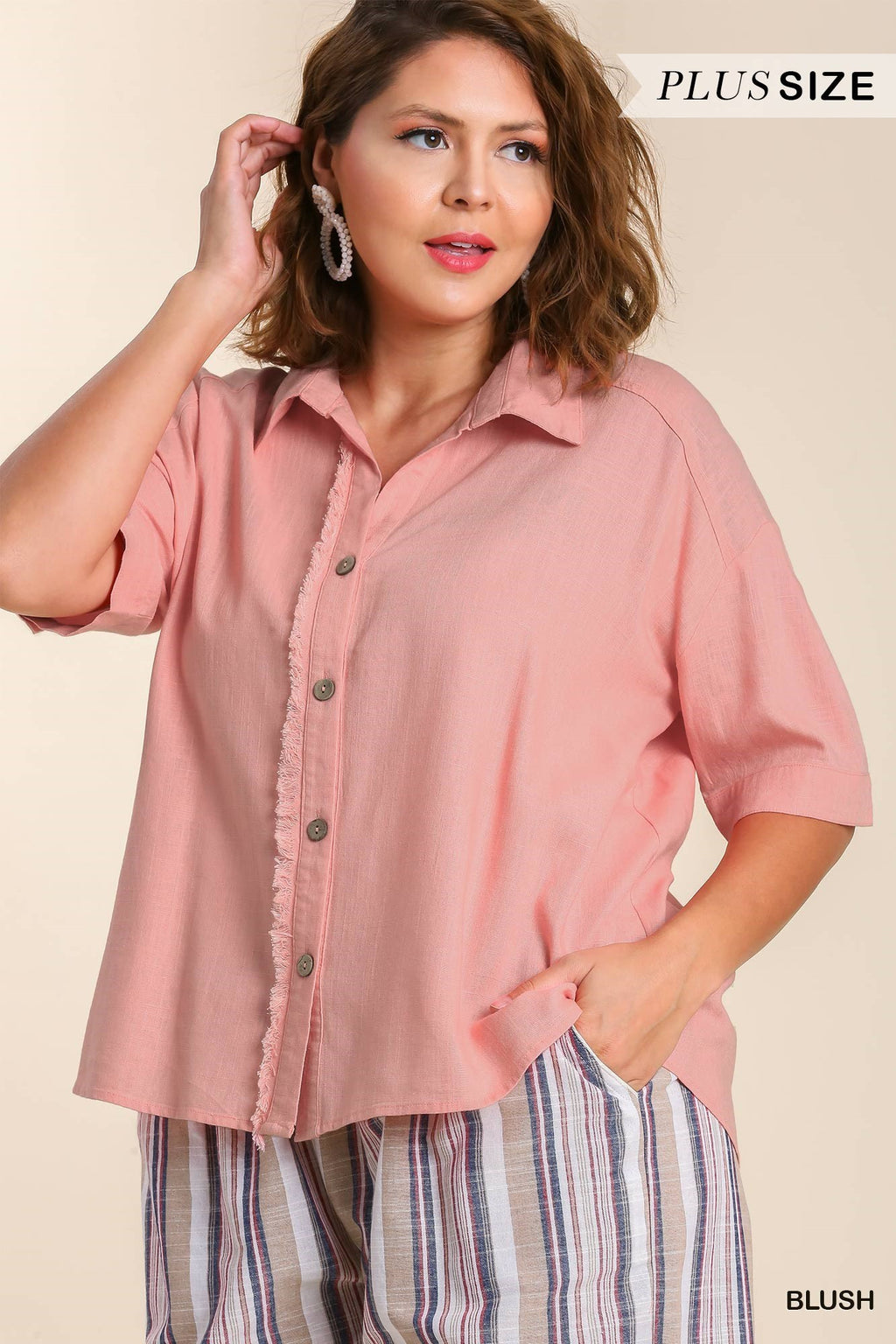 Plus Fray Detail Linen Button Top