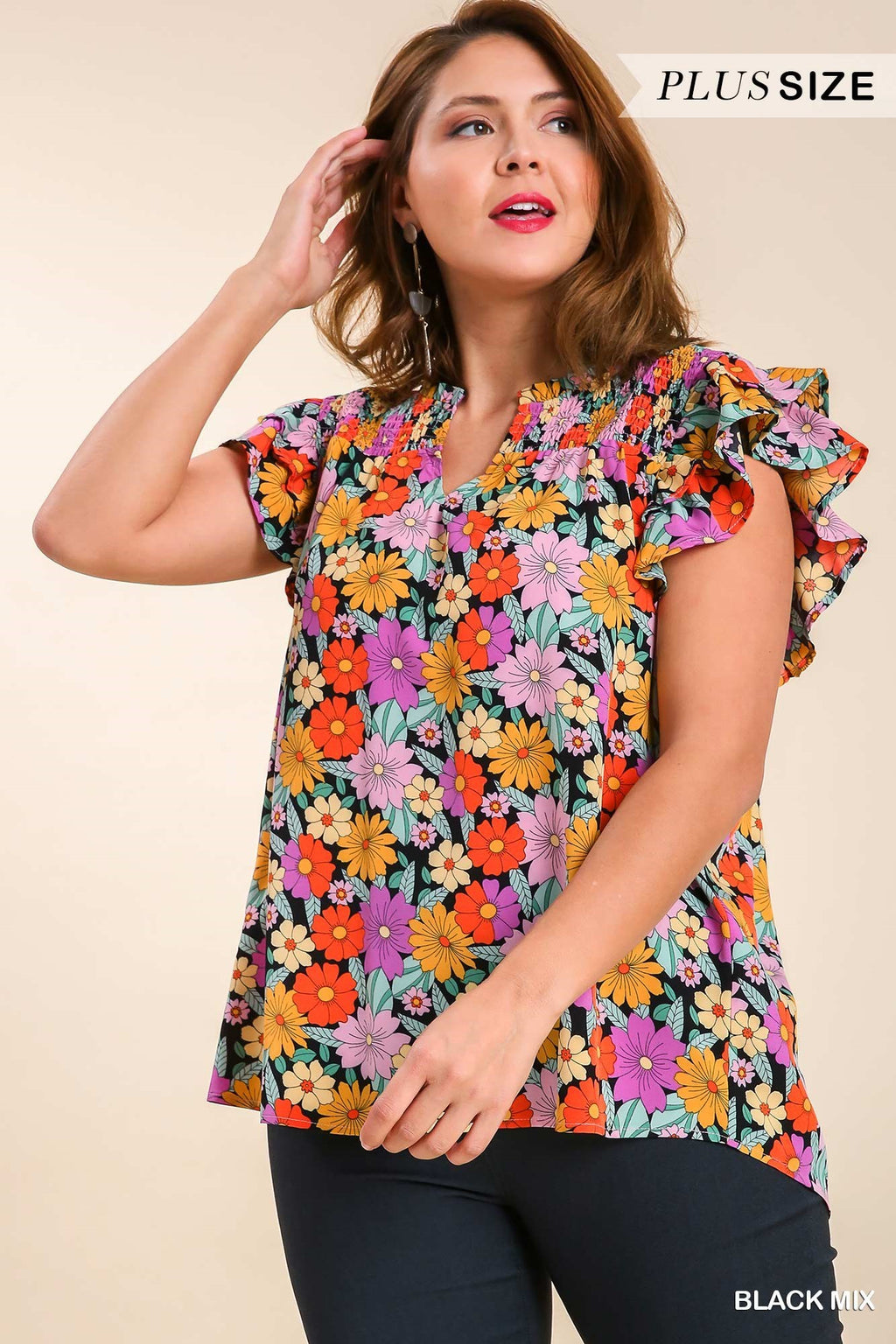 Plus Smock Yoke Floral Top