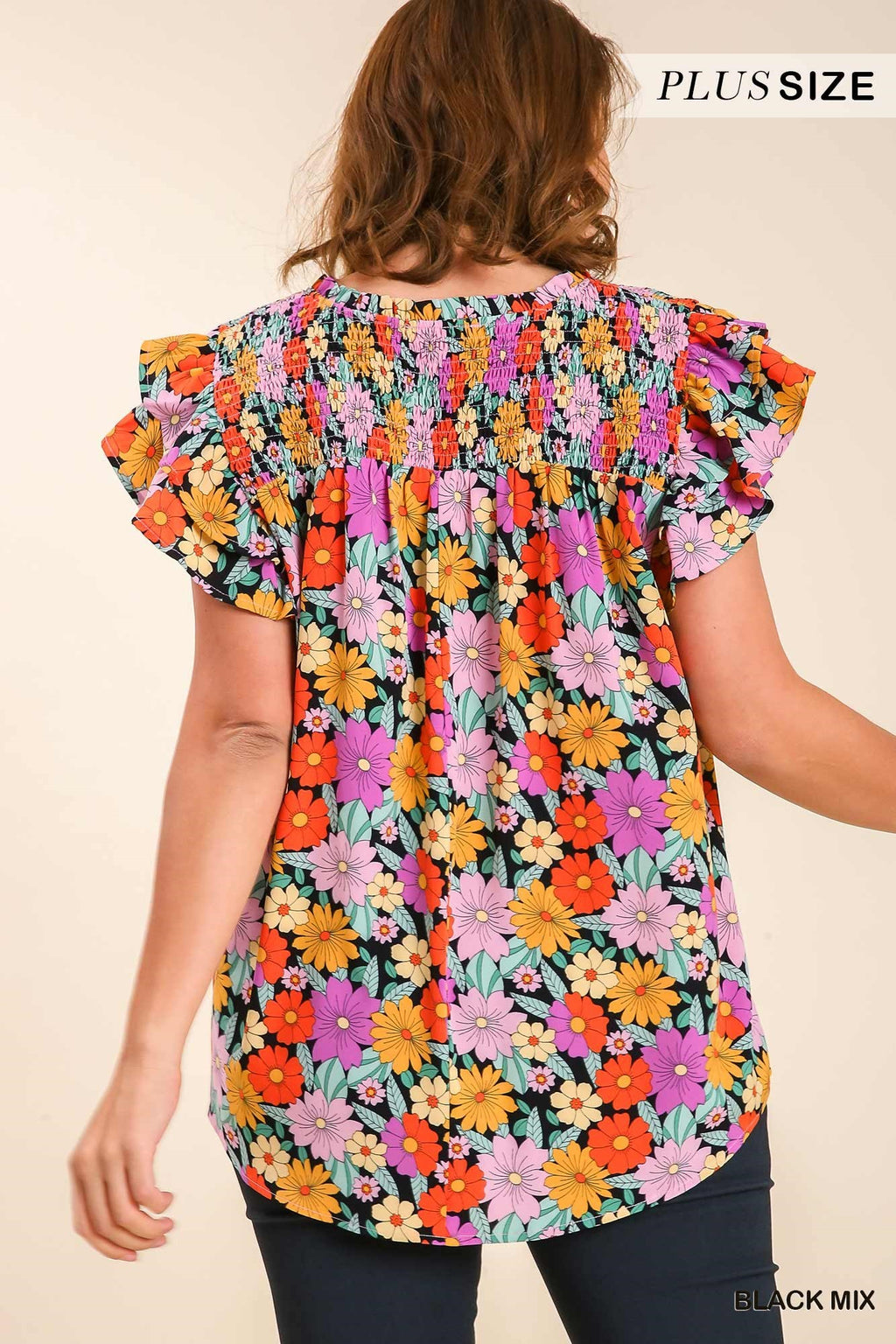 Plus Smock Yoke Floral Top