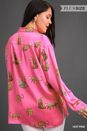Plus Satin Cheetah Button Top