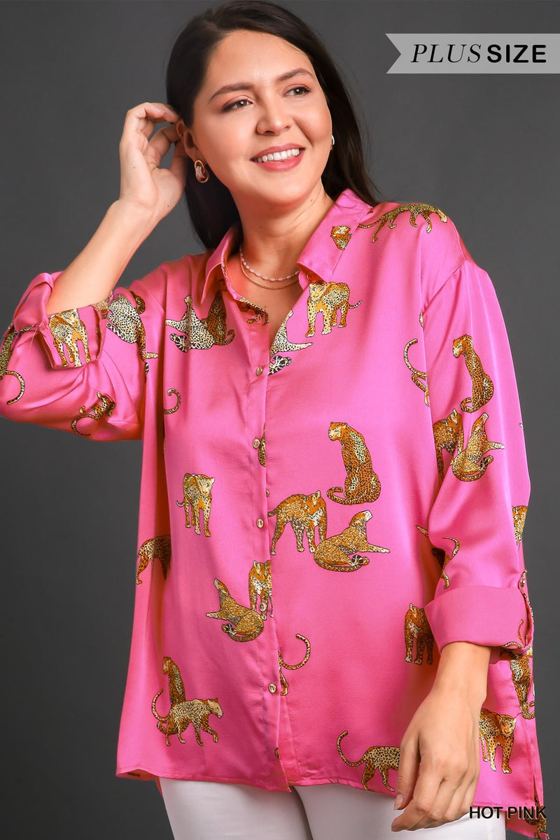 Plus Satin Cheetah Button Top
