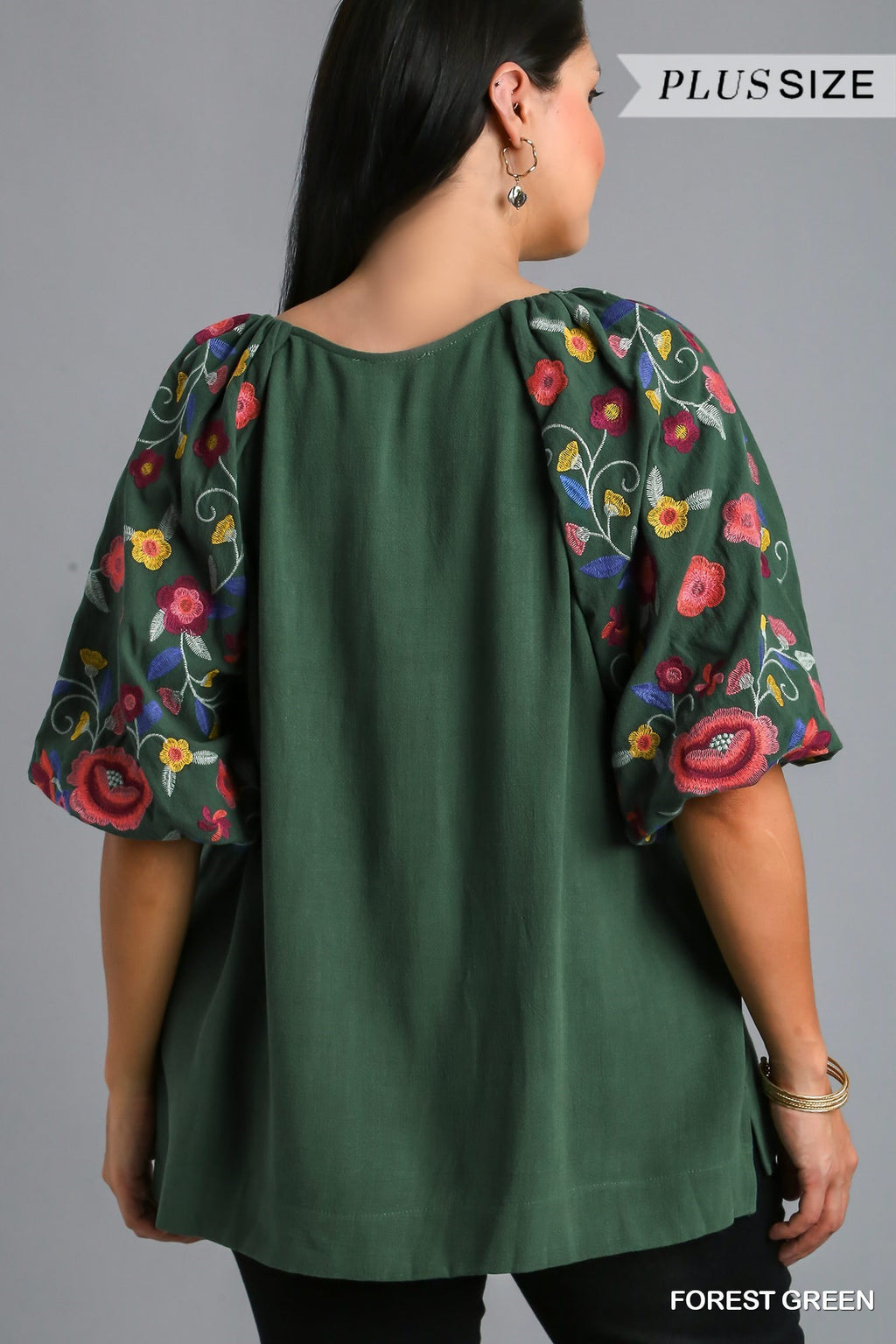 Plus Embroidered Balloon Sleeve Linen Top