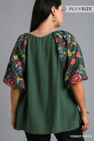 Plus Embroidered Balloon Sleeve Linen Top