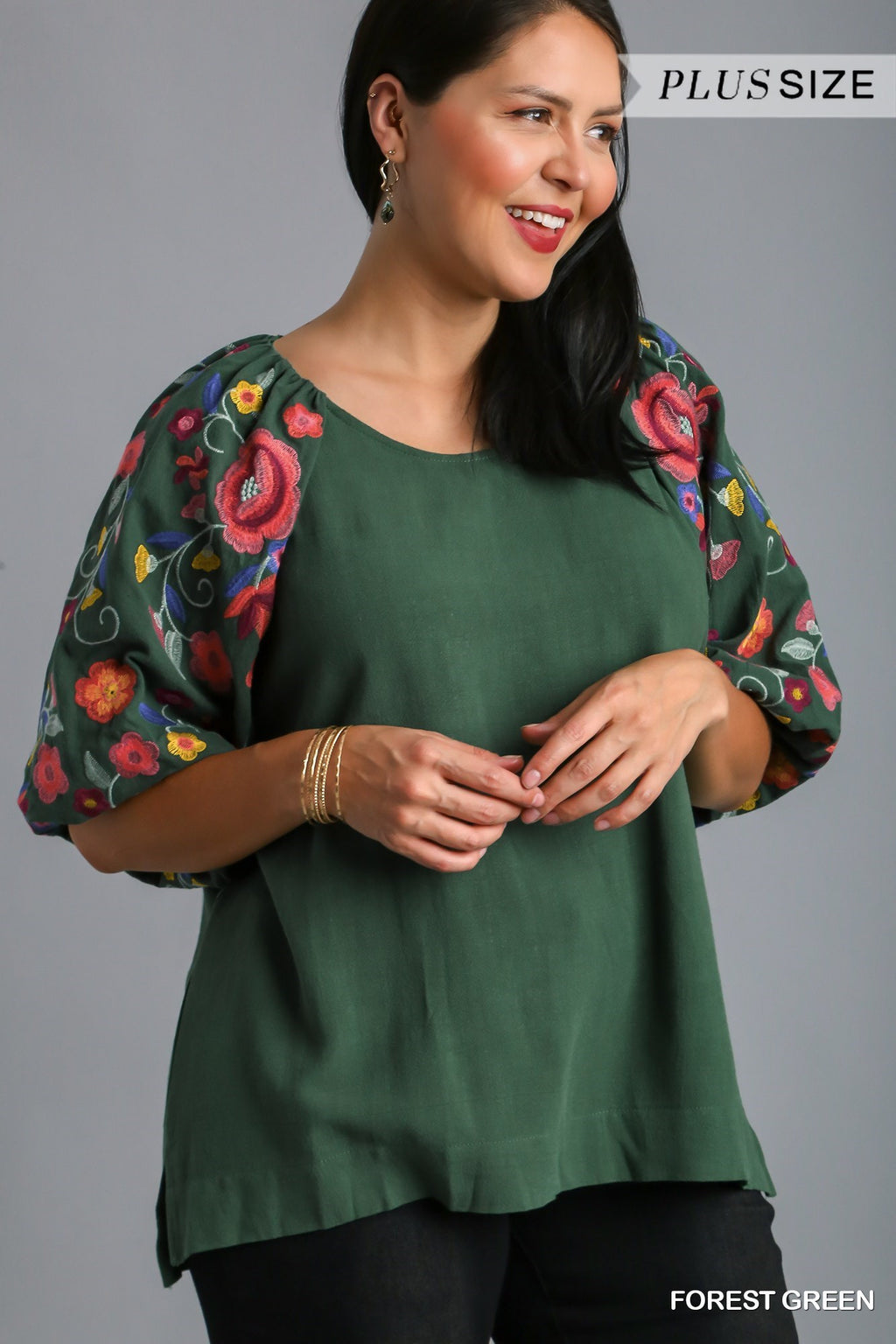 Plus Embroidered Balloon Sleeve Linen Top