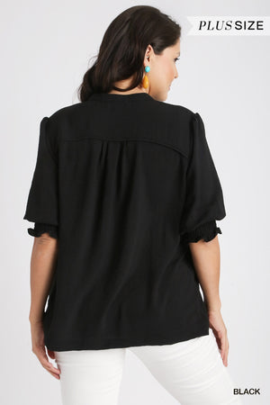 Plus Split Neck Half Sleeve Solid Top