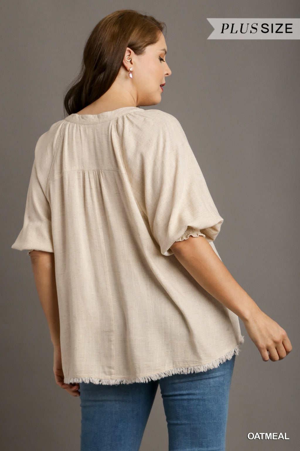 Plus Split Neck Smock Sleeve Linen Top