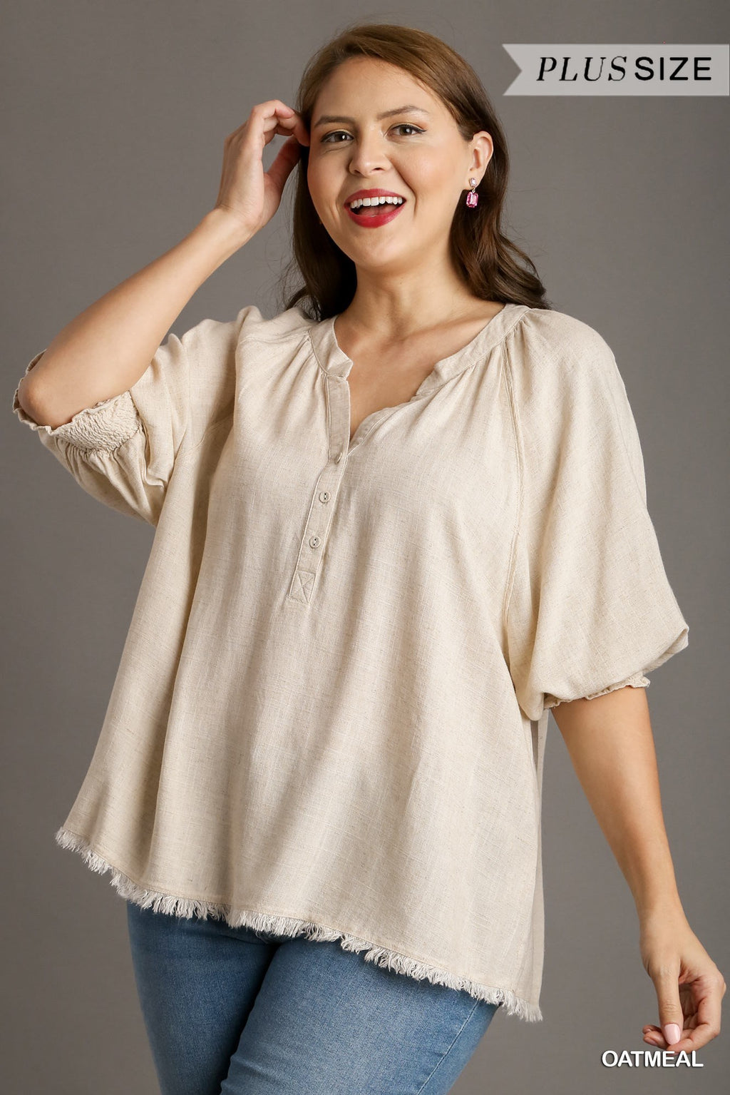 Plus Split Neck Smock Sleeve Linen Top