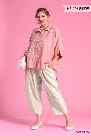 Plus Linen Fray Pocket Crop Pants