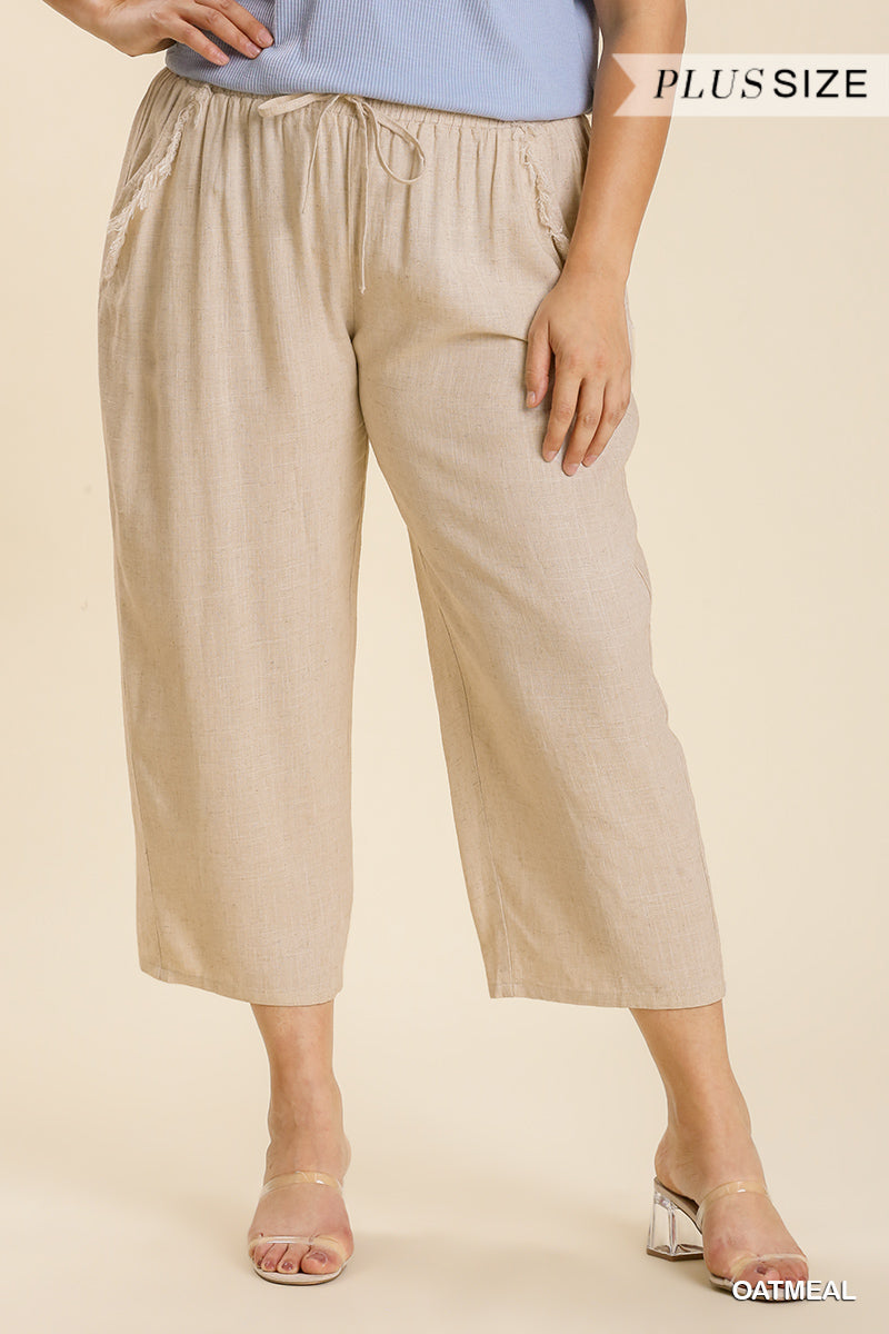 Plus Linen Fray Pocket Crop Pants