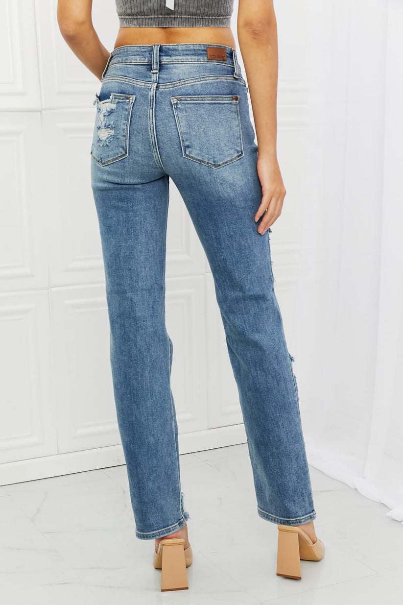 Mid Rise Destroyed Straight Jeans