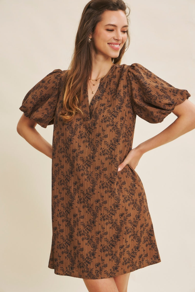 Bubble Sleeve Textured Print Dress