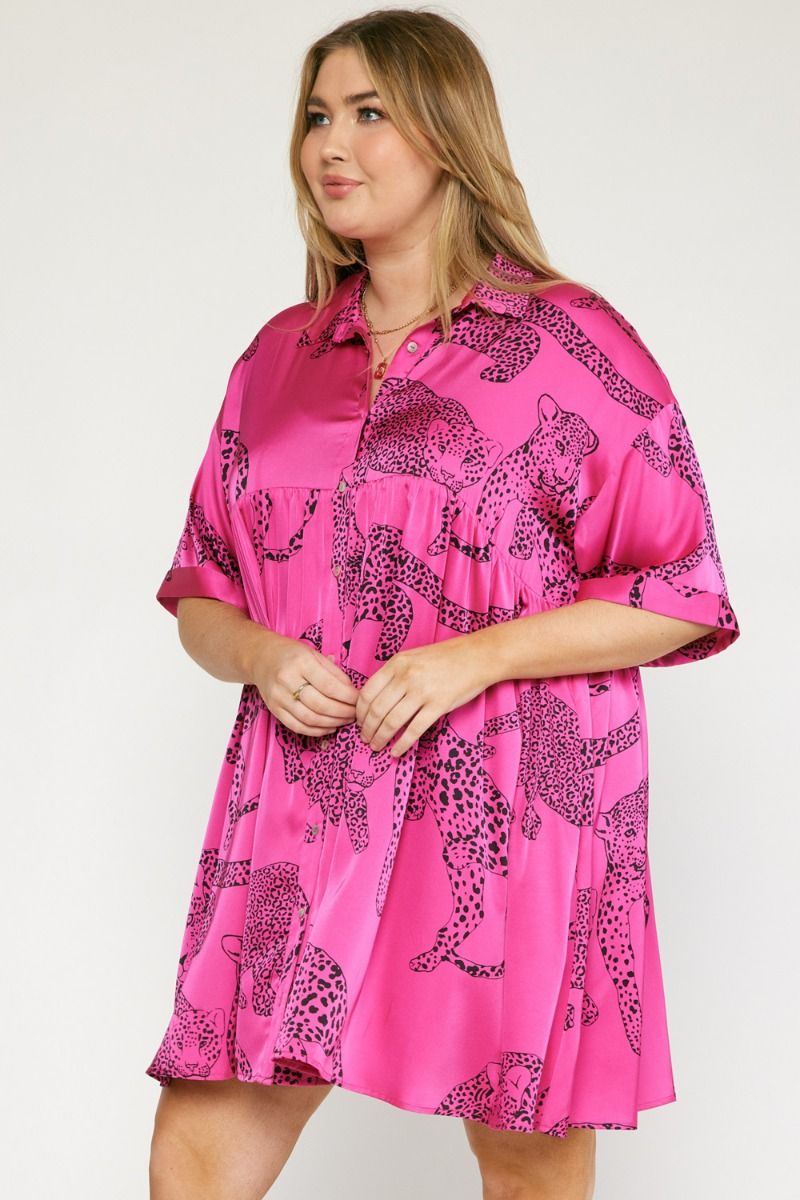 Plus Satin Cheetah Button Dress