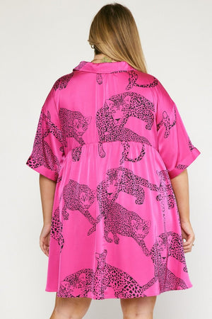 Plus Satin Cheetah Button Dress