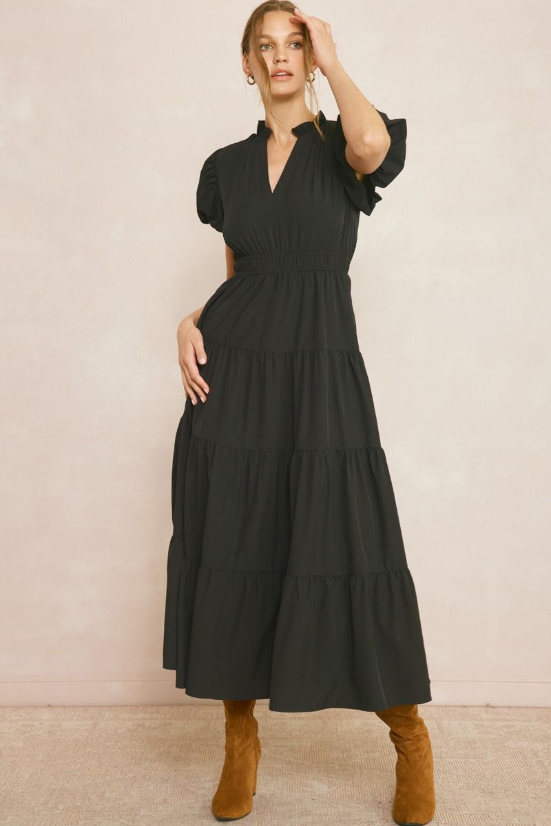 Bubble Sleeve Tier Maxi Dress