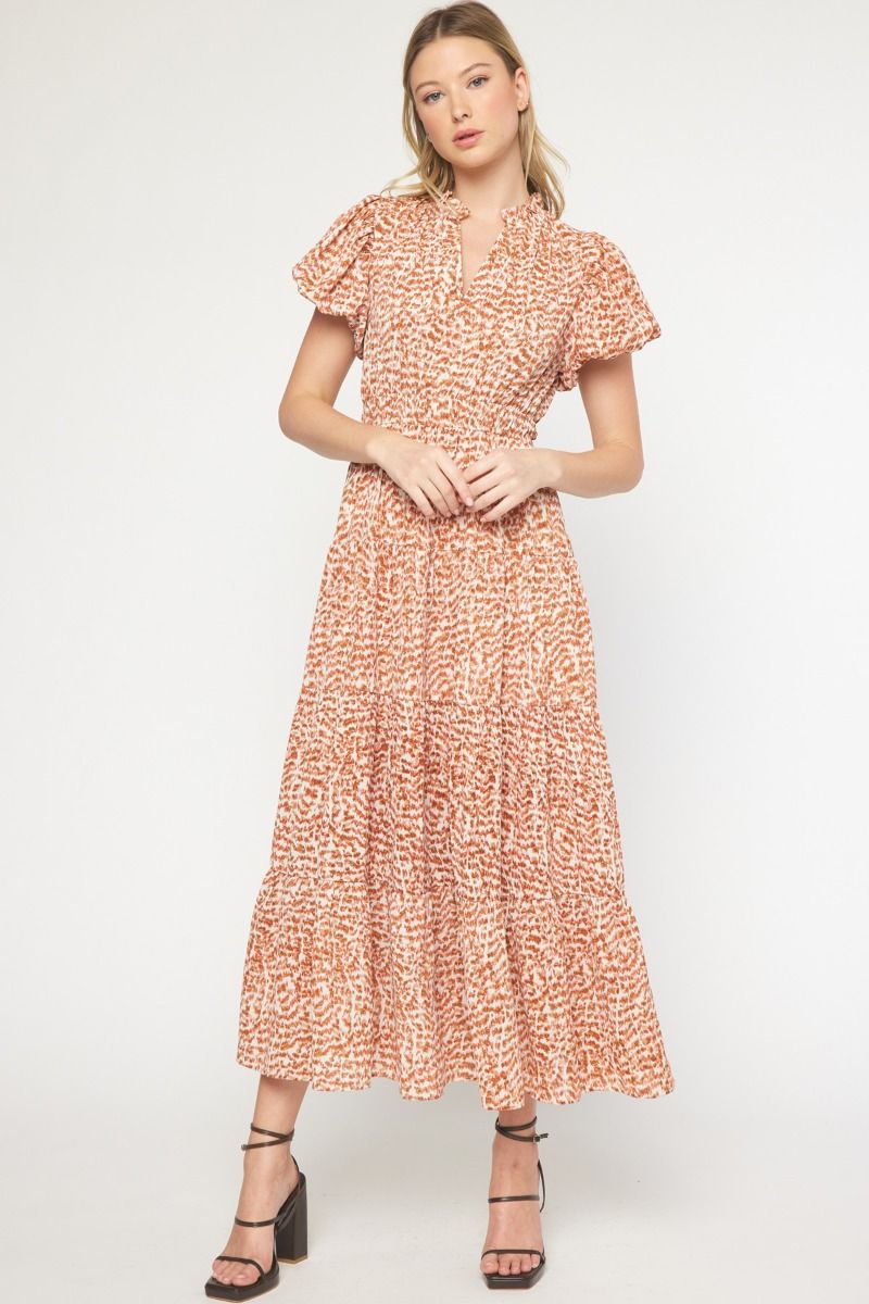 Bubble Sleeve Print Tier Maxi Dress