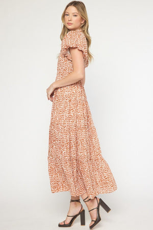 Bubble Sleeve Print Tier Maxi Dress