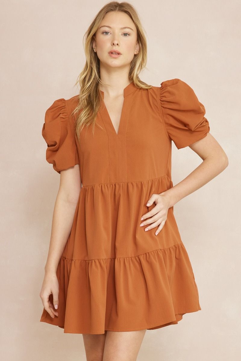 Puff Sleeve Solid Tier Dress