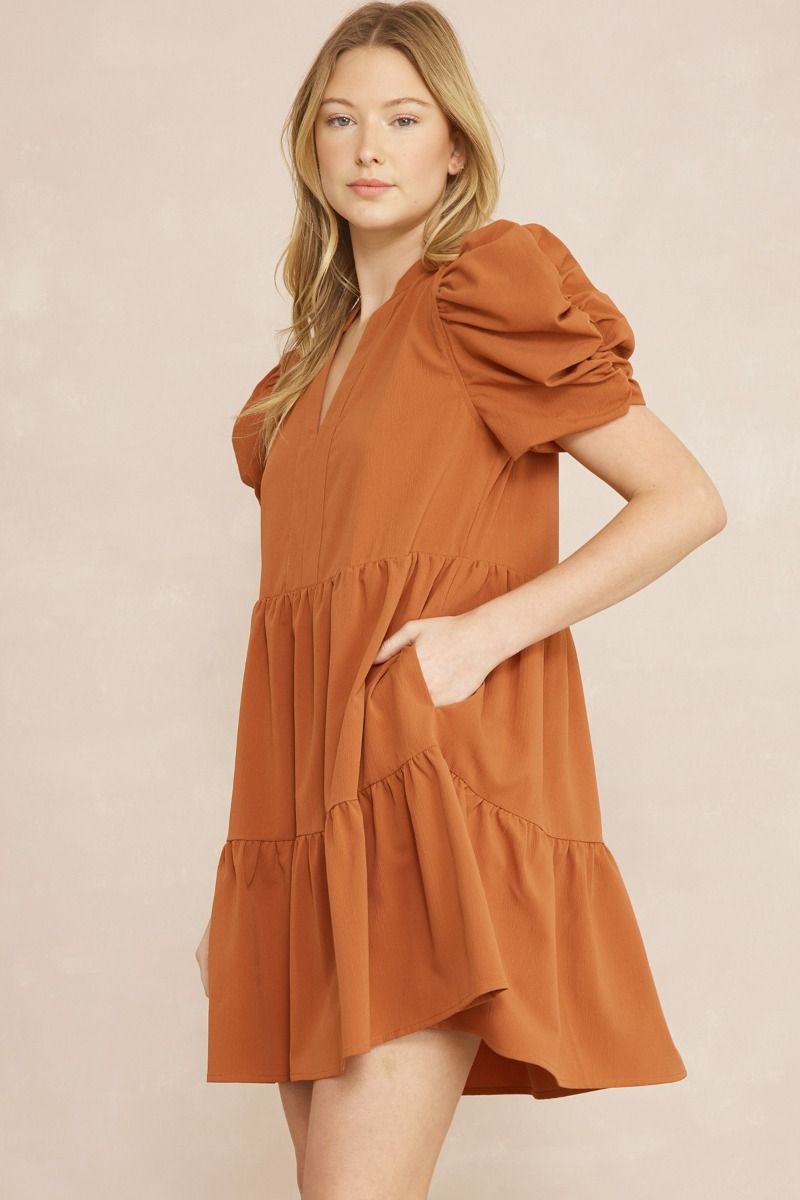 Puff Sleeve Solid Tier Dress