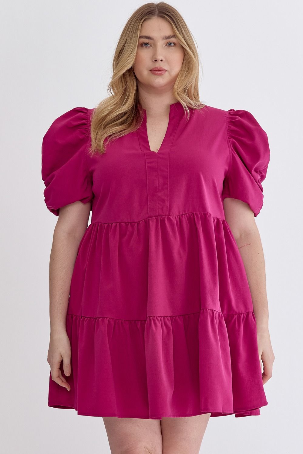 Plus Puff Sleeve Solid Tier Dress