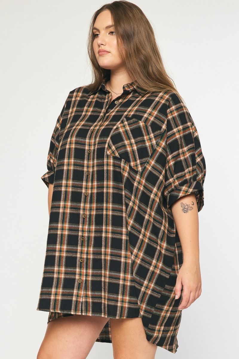 Plus Oversized SS Flannel Shirt Dress