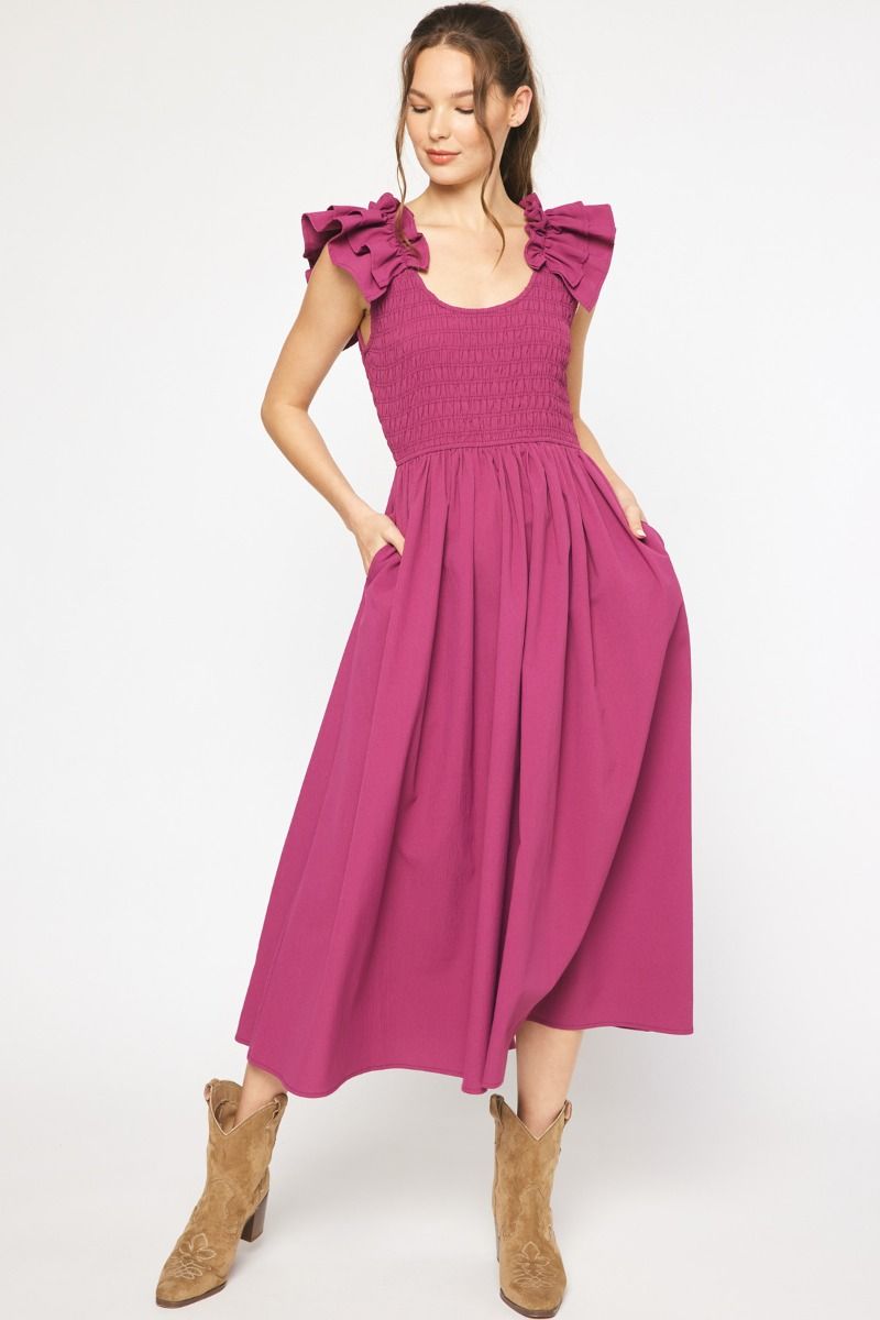 Ruffle Shoulder Smocked Midi Dress