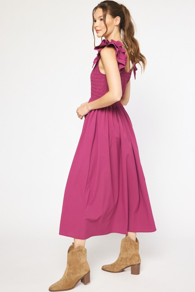 Ruffle Shoulder Smocked Midi Dress