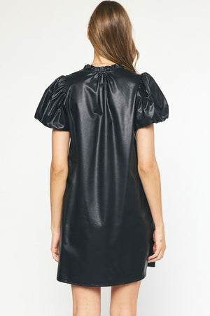 SS Puff Sleeve Faux Leather Dress