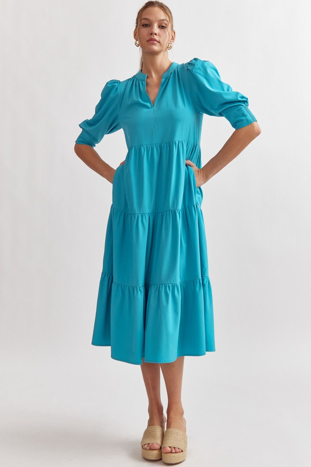 Solid Half Sleeve Tiered Midi Dress