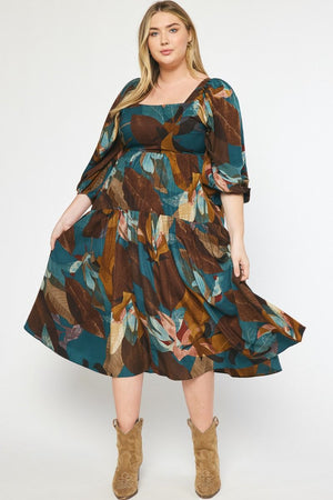 Plus Leaf Print Midi Dress