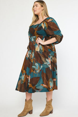 Plus Leaf Print Midi Dress