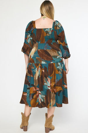 Plus Leaf Print Midi Dress
