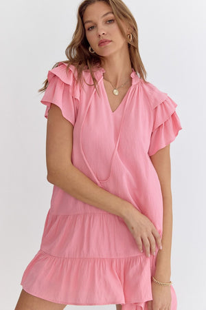 Tiered Ruffle Sleeve Tie Neck Dress