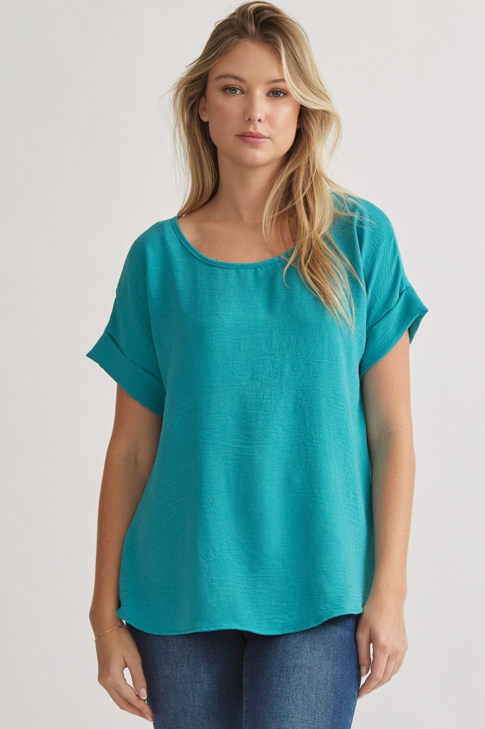 Roll Sleeve Scoop Neck Top