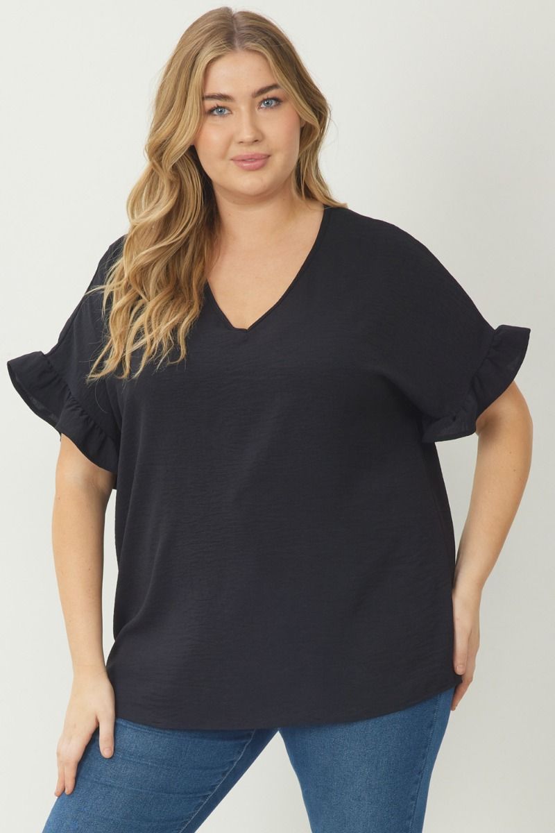 Plus Ruffle Sleeve Detail Solid Top