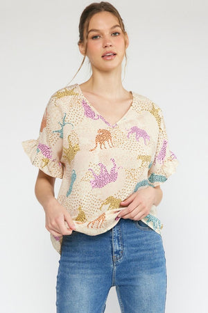 Multi Cheetah Ruffle Sleeve Top