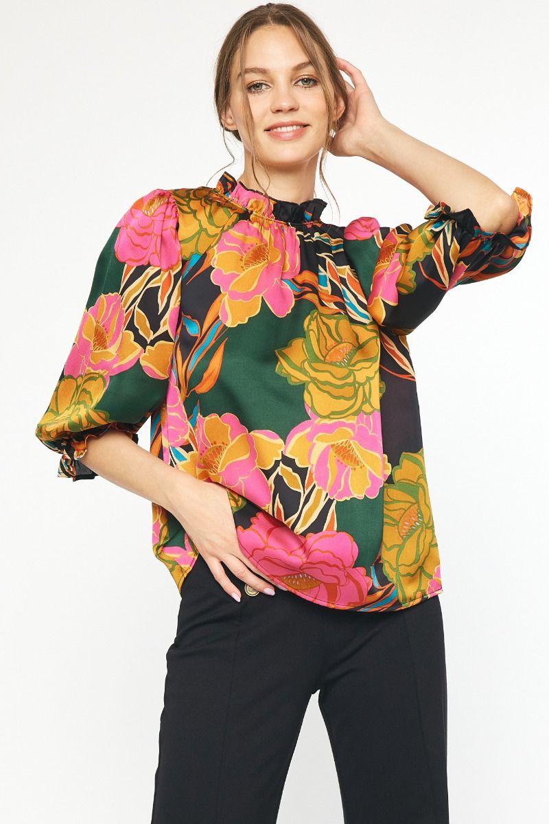 Floral Mock Ruffle Neck Top