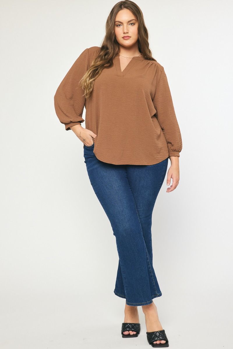 Plus 3/4 Sleeve Tab Collar Top
