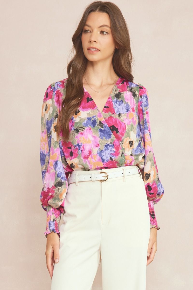 Floral Surplice Bodysuit Top