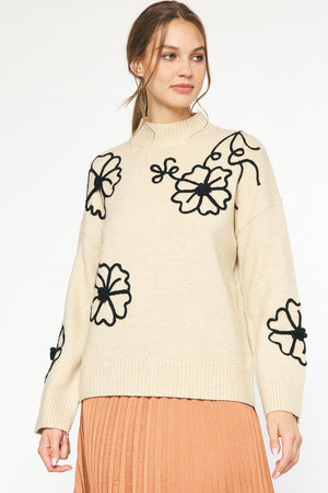 Stitch Floral Mock Neck Sweater