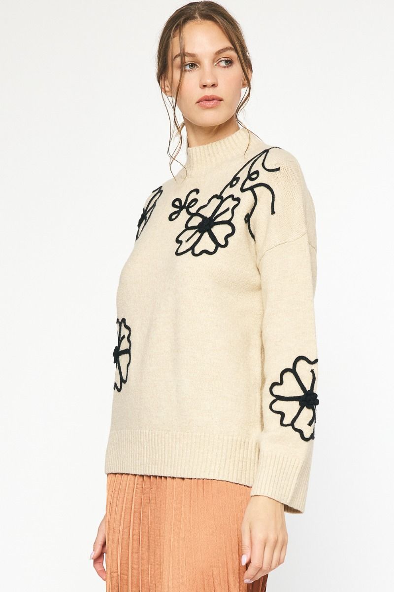 Stitch Floral Mock Neck Sweater
